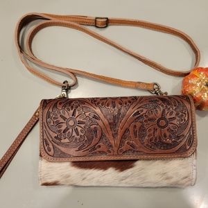 Tooled brown leather/ horse hair cross body, wristlet, clutch purse handbag